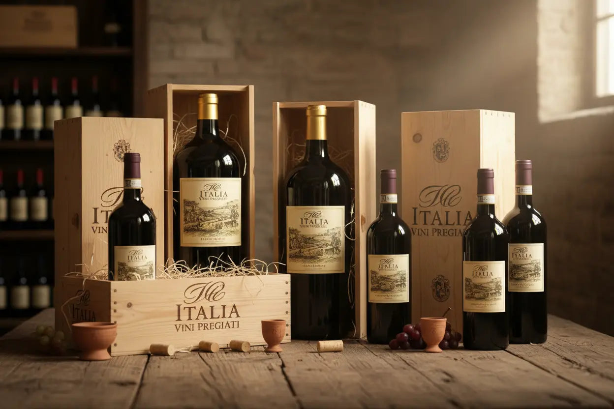 Weinsortiment-in-Holzkiste italienische Feinkost Scarati