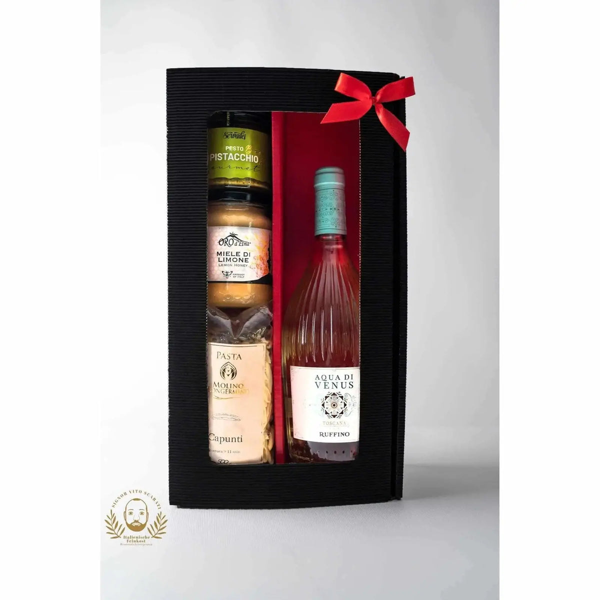 2er Geschenkbox mit Pistazienpesto, Zitronenhonig, Pasta und Roséwein