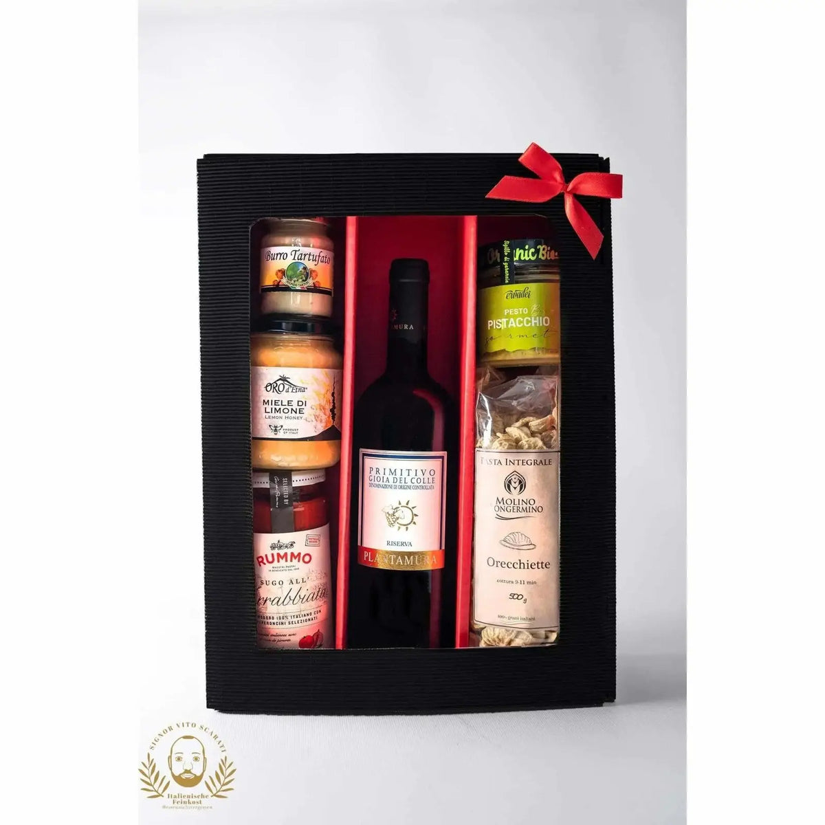 3er Geschenkbox mit Trüffelbutter, Zitronenhonig, Sugo, Pistazienpesto, Orecchiette und Primitivo