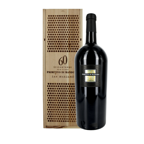 Cantine San Marzano Sessantanni Primitivo di Manduria DOP 3 l mit Holzkiste – edler Rotwein aus Apulien-italienische Feinkost Scarati