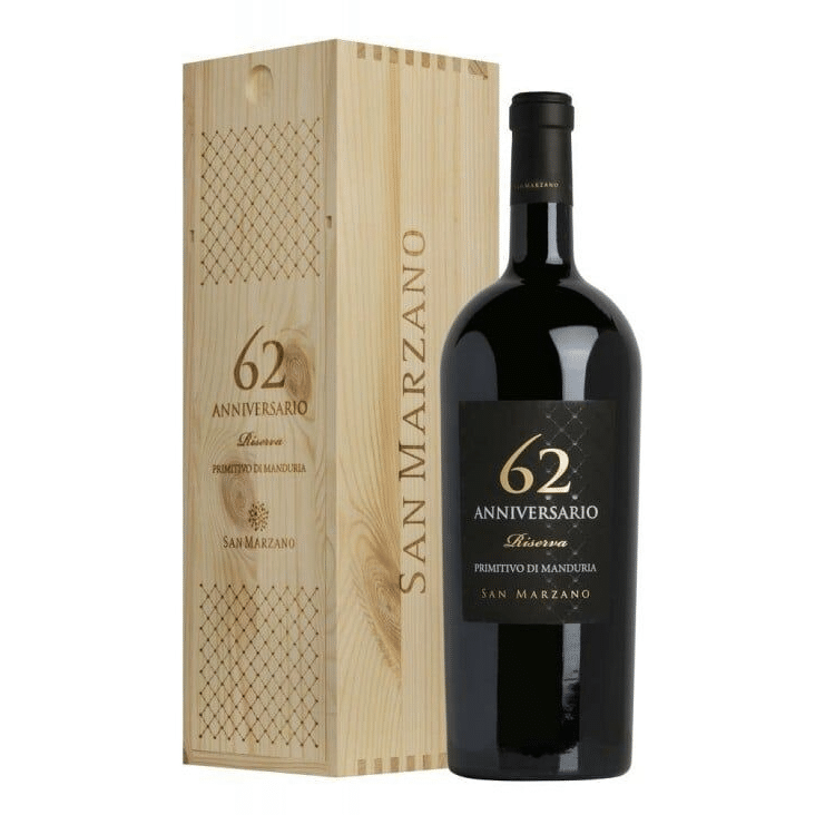 Anniversario 62 Primitivo di Manduria DOP Riserva "San Marzano" 1,5 l in Holzkiste – edler Rotwein aus Apulien-italienische Feinkost Scarati